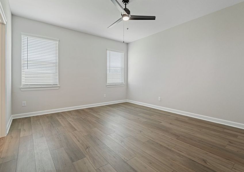 Master bedroom with two windows and ceiling fan light fixture