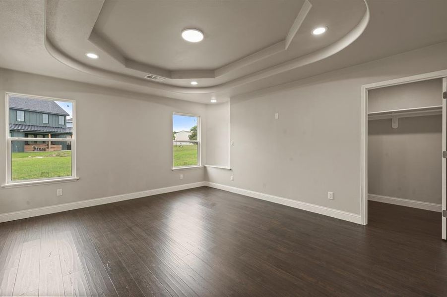 Unfurnished bedroom with a tray ceiling, dark wood finished floors, a spacious closet, recessed lighting, and baseboards
