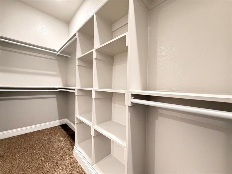 Spacious walk-in closet featuring dark carpet Spacious walk-in closet featuring dark carpet