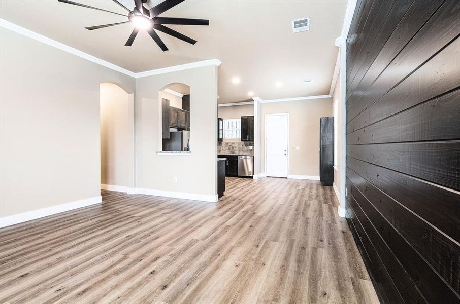 Open concept living with architectural details