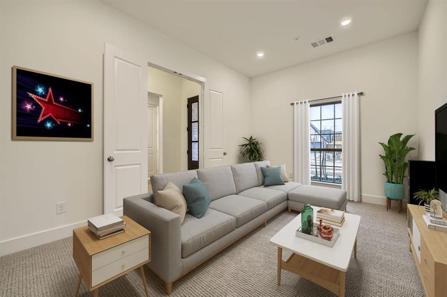 Virtually Staged - Living room featuring light colored carpet and recessed lighting
