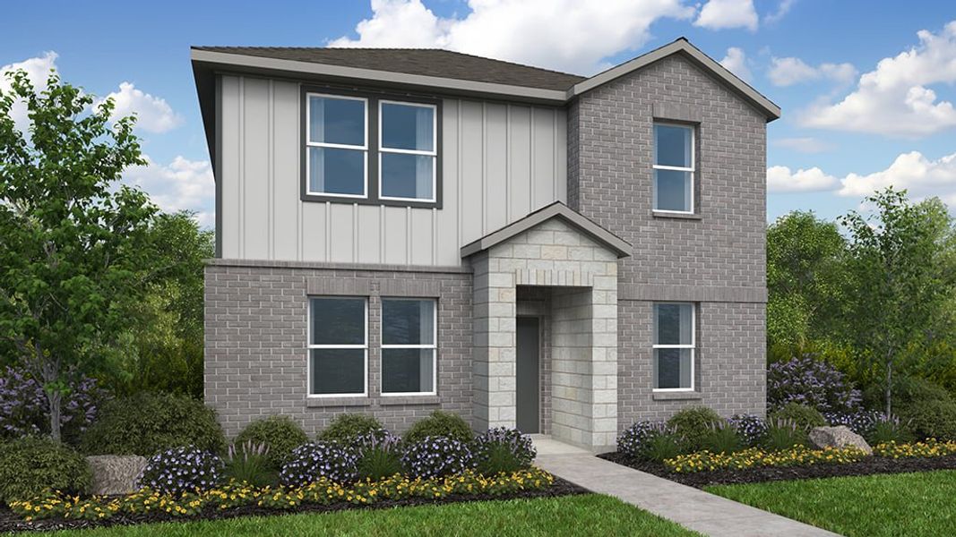 Front exterior of a new home in Emory Crossing, Hutto, TX, highlighting curb appeal (Image 1). Front exterior of a new home in Emory Crossing, Hutto, TX, highlighting curb appeal (Image 1).