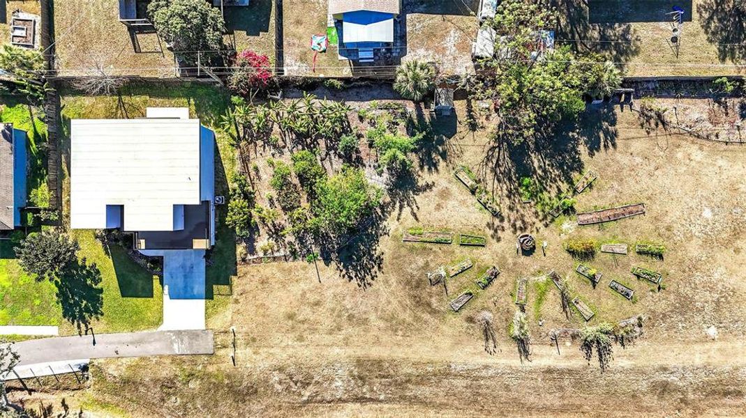 Aerial view of home & Linwood Community Garden