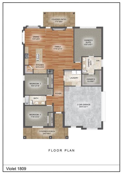 2D floor plan layout for the The Violet by Kenmark Homes in Whispering Winds, Springtown, TX (Image 3). 2D floor plan layout for the The Violet by Kenmark Homes in Whispering Winds, Springtown, TX (Image 3).