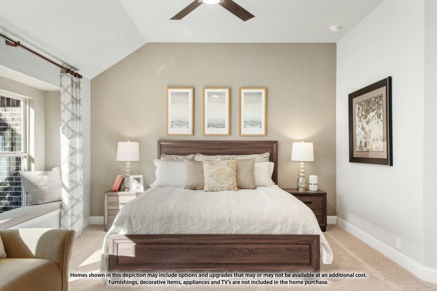 Bedroom with vaulted ceiling, ceiling fan, wood-frame bed, nightstands, and a window seat with natural light. Bedroom with vaulted ceiling, ceiling fan, wood-frame bed, nightstands, and a window seat with natural light.