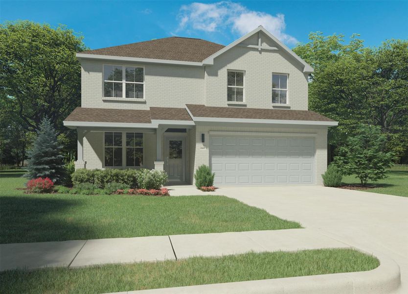 Front exterior of a new home in Prairie Winds, Hutto, TX, highlighting curb appeal (Image 1).