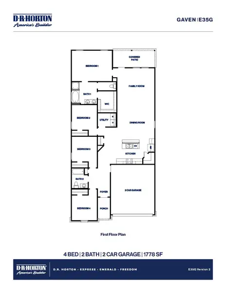2D floor plan layout for the Gaven by D.R. Horton in Sunterra Lakes, Brookshire, TX (Image 3).