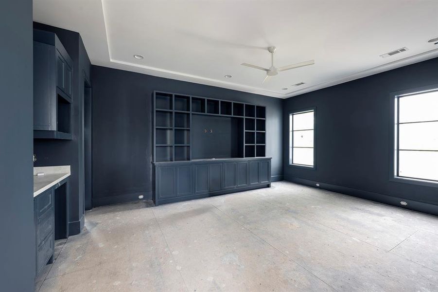 This flexible space on the 2nd floor can be used as a media room or a game room. Wet bar area to the left. Stage of construction as of April 3, 2025. This flexible space on the 2nd floor can be used as a media room or a game room. Wet bar area to the left. Stage of construction as of April 3, 2025.