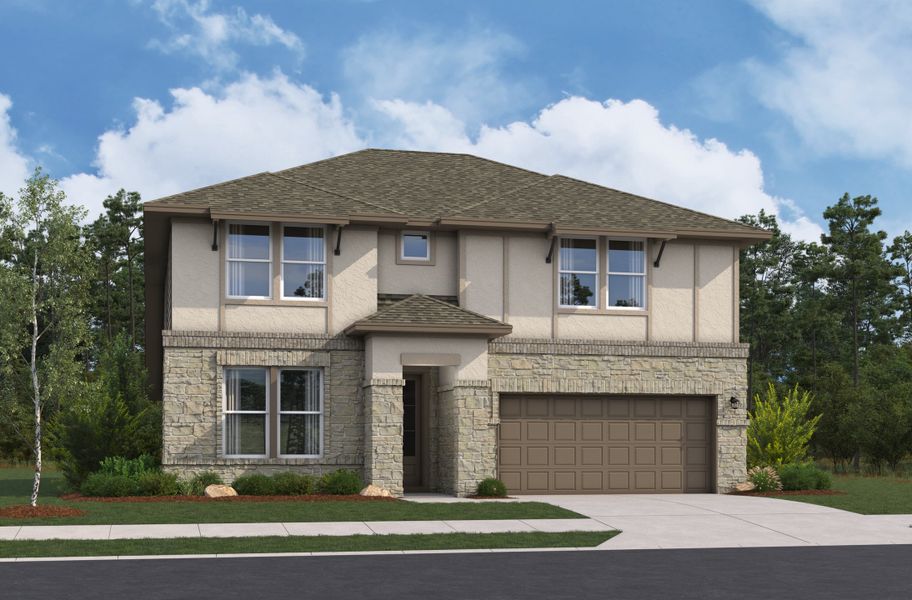 Representative exterior photo of a completed home built from the Rainier by Beazer Homes in Saddle Creek Ranch, Cibolo, TX (Image 16). Representative exterior photo of a completed home built from the Rainier by Beazer Homes in Saddle Creek Ranch, Cibolo, TX (Image 16).