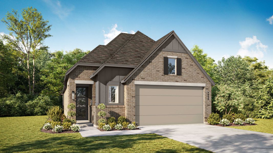 Representative exterior photo of a completed home built from the Corby Plan by Highland Homes in The Highlands, Porter, TX (Image 22). Representative exterior photo of a completed home built from the Corby Plan by Highland Homes in The Highlands, Porter, TX (Image 22).