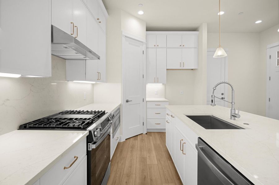 Tasty quartz backsplash and countertops. Soft closing system, under cabinet lighting and modern appliances.