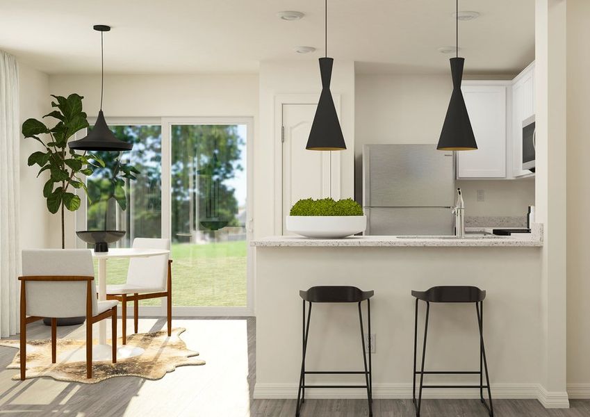 Rendering of a kitchen with white cabinetry and stainless steel appliances. The dining room with a table and two chairs is seen next to the kitchen Rendering of a kitchen with white cabinetry and stainless steel appliances. The dining room with a table and two chairs is seen next to the kitchen