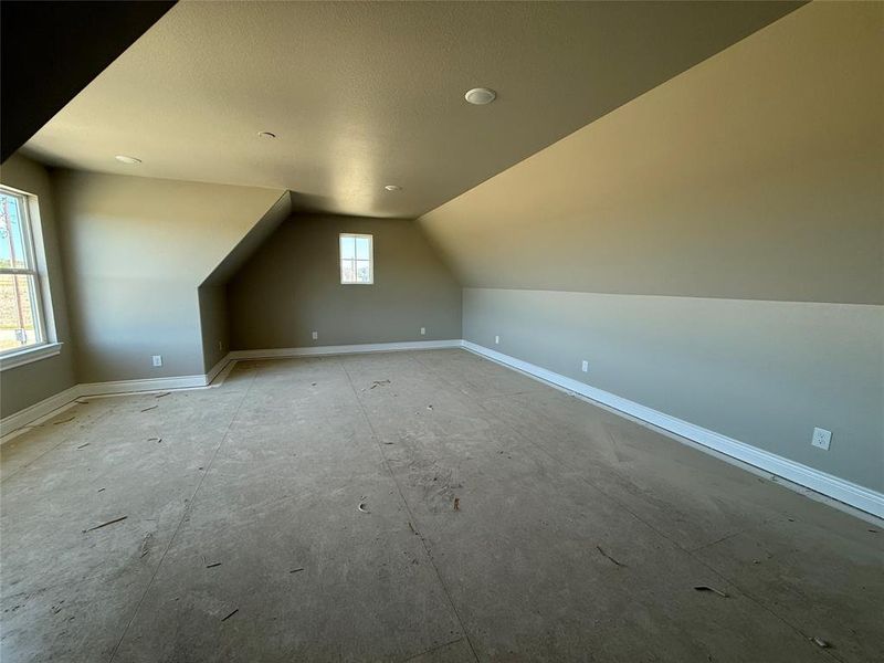 Additional living space with baseboards and vaulted ceiling