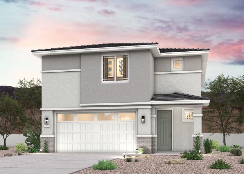 Front exterior of a new home in Teravalis, Buckeye, AZ, highlighting curb appeal (Image 1). Front exterior of a new home in Teravalis, Buckeye, AZ, highlighting curb appeal (Image 1).