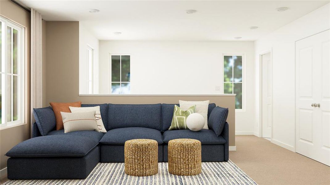 Living room with carpet flooring and baseboards