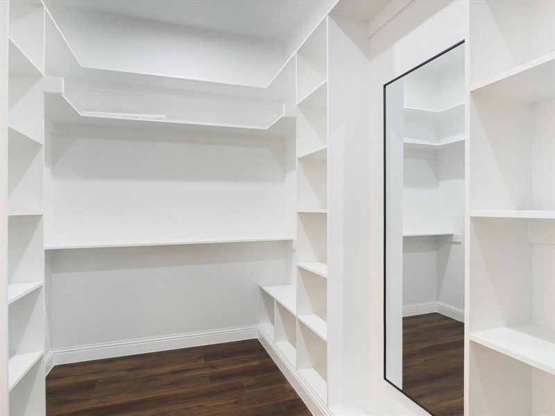 Walk in closet featuring dark wood finished floors Walk in closet featuring dark wood finished floors