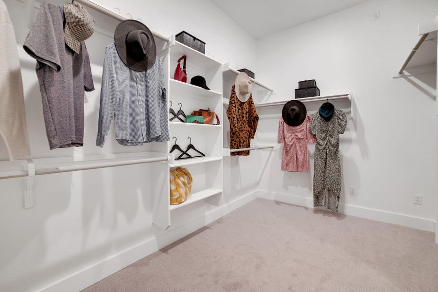 Walk in closet featuring light carpet