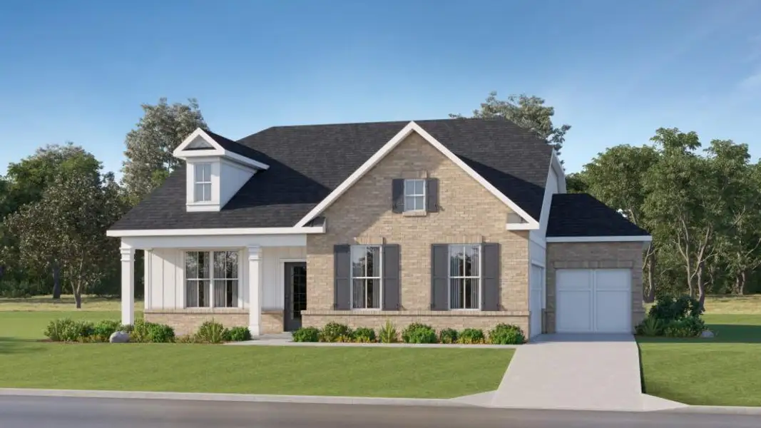 Front exterior of a new home in Riverbend North, Bonaire, GA, highlighting curb appeal (Image 1).