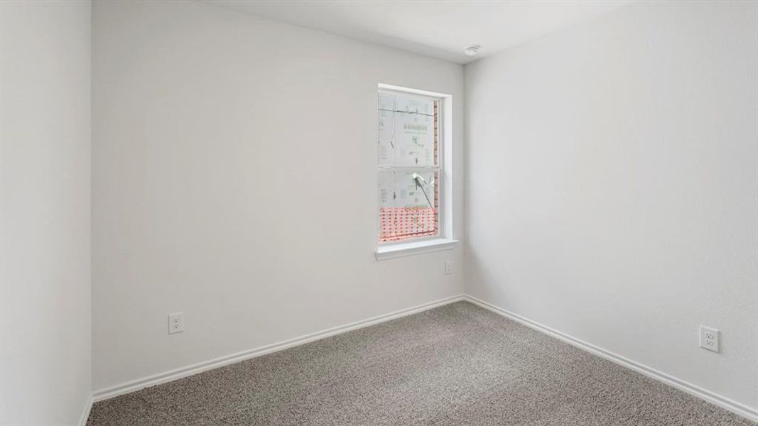 Bright interior room featuring a single window with white trim, light gray textured carpet, and white baseboards