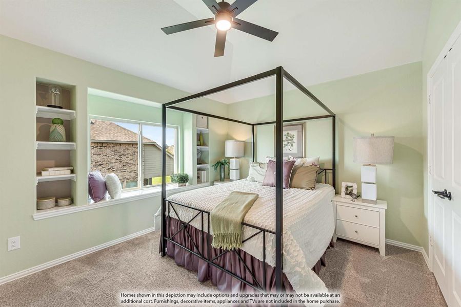 Bedroom with four-poster bed, built-in shelves, ceiling fan, and carpet flooring