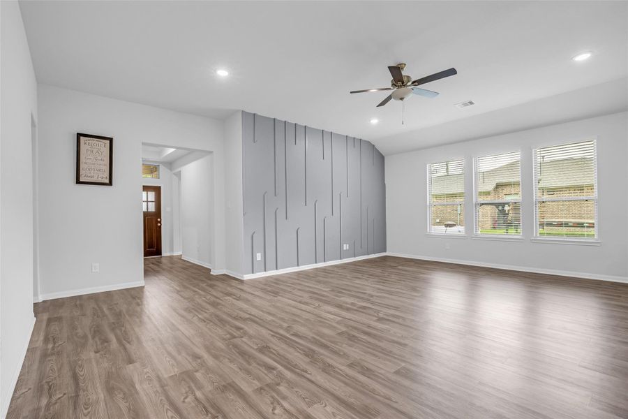 Living Room showing the modern accent wall.