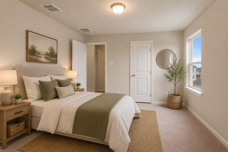 Natural light bathes this comfortable bedroom, featuring soft carpet and a simple, inviting aesthetic. Natural light bathes this comfortable bedroom, featuring soft carpet and a simple, inviting aesthetic.