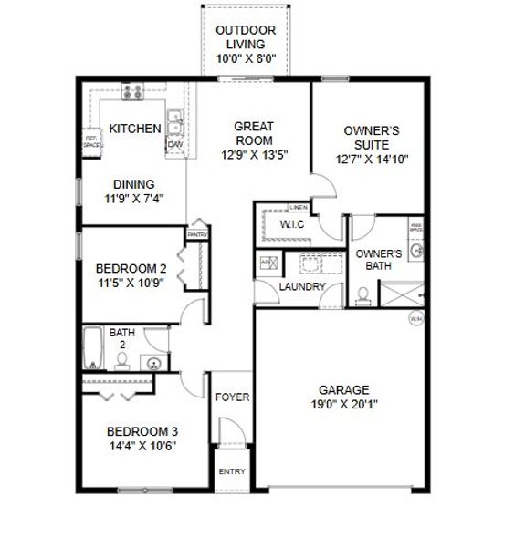 2D floor plan layout for the Palmetto by Holiday Builders in Mallard Landing, Okeechobee, FL (Image 3).