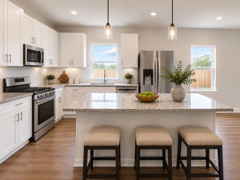 Modern kitchen with large island. Virtual staging for reference only to showcase the floor plan potential. Modern kitchen with large island. Virtual staging for reference only to showcase the floor plan potential.