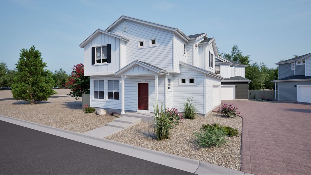 Front exterior of a new home in Muegge Farms, Bennett, CO, highlighting curb appeal (Image 1). Front exterior of a new home in Muegge Farms, Bennett, CO, highlighting curb appeal (Image 1).