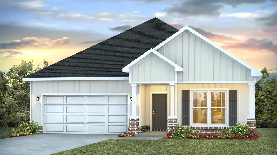 Front exterior of a new home in Holley Grove at Peach Creek, Santa Rosa Beach, FL, highlighting curb appeal (Image 1). Front exterior of a new home in Holley Grove at Peach Creek, Santa Rosa Beach, FL, highlighting curb appeal (Image 1).