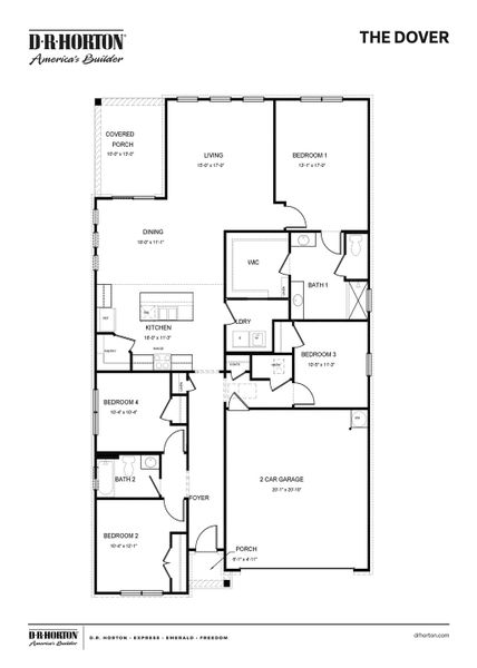 2D floor plan layout for the Dover by D.R. Horton in Hedge Rose, Somerville, TN (Image 4).