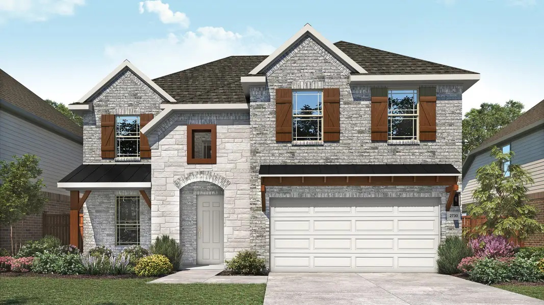 Representative exterior photo of a completed home built from the Mimosa by DRB Homes in Parkside on the River, Georgetown, TX (Image 2). Representative exterior photo of a completed home built from the Mimosa by DRB Homes in Parkside on the River, Georgetown, TX (Image 2).