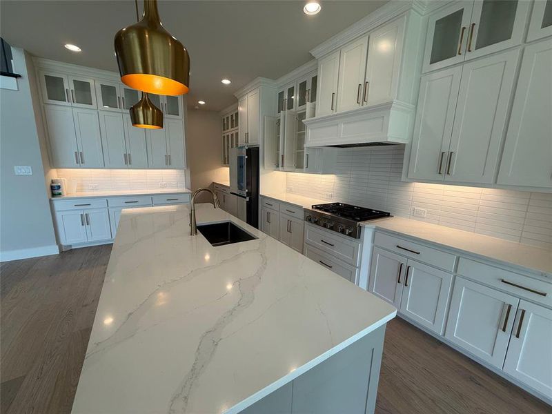 Kitchen with glass insert cabinets, dark wood-style flooring, a kitchen island with sink, tasteful backsplash, and recessed lighting Kitchen with glass insert cabinets, dark wood-style flooring, a kitchen island with sink, tasteful backsplash, and recessed lighting