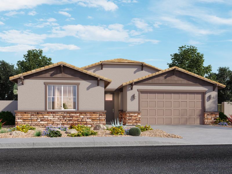 Front exterior of a new home in Naranja Trails, Oro Valley, AZ, highlighting curb appeal (Image 18).