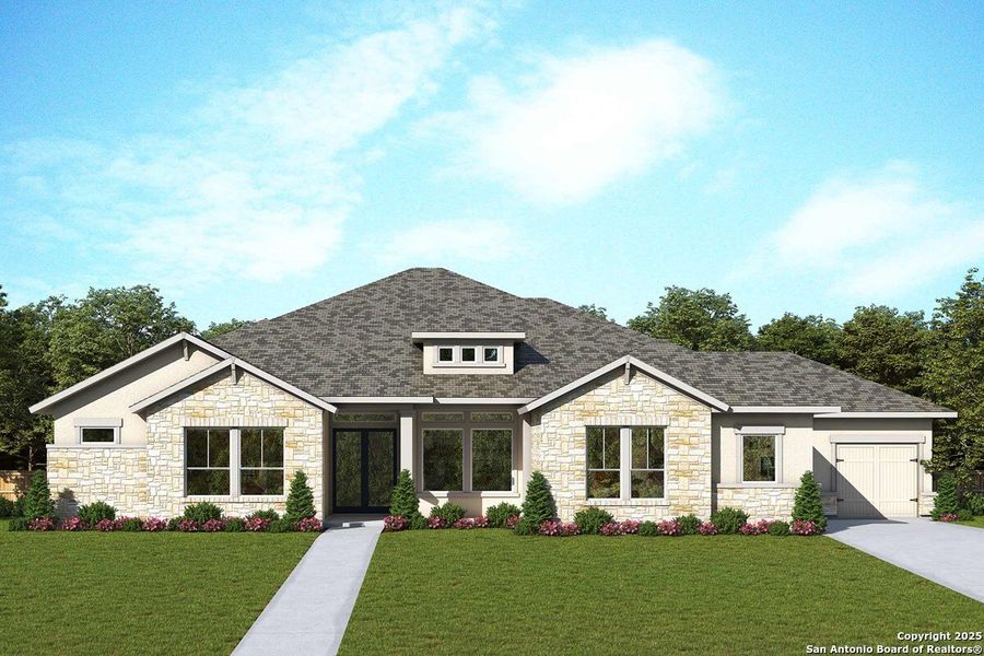 Front exterior of a new home in Megans Landing – Half-Acre Homesites, Castroville, TX, highlighting curb appeal (Image 1). Front exterior of a new home in Megans Landing – Half-Acre Homesites, Castroville, TX, highlighting curb appeal (Image 1).