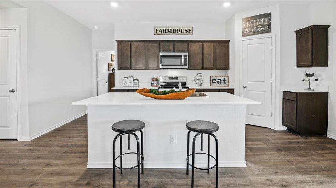 Contemporary kitchen featuring a substantial island with countertop seating, dark wood cabinetry, stainless steel appliances, and wood-finish flooring