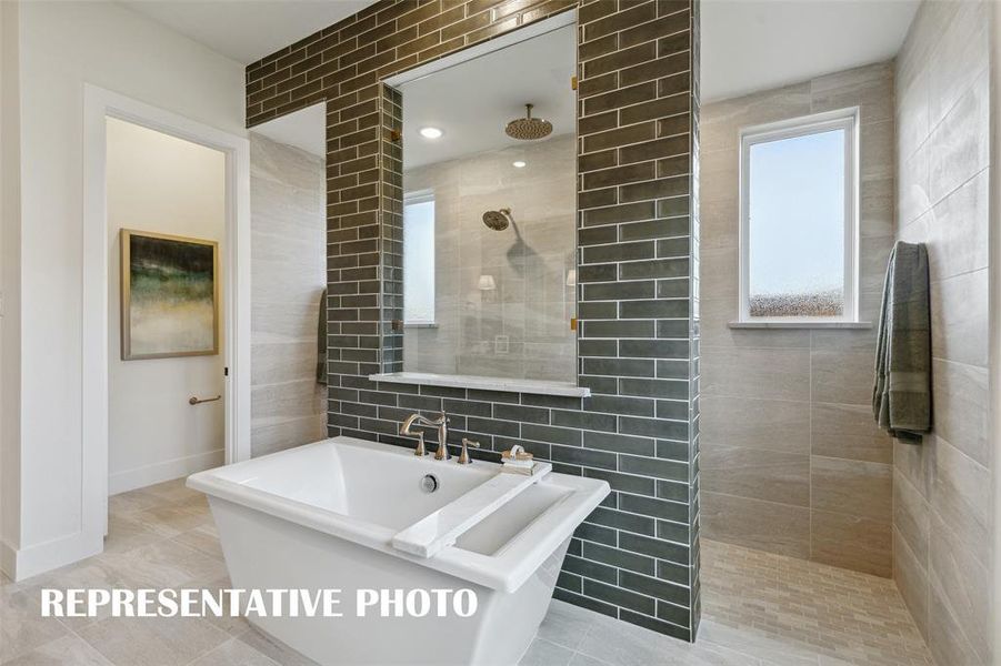 Our Stella floor plan offers our signature owner's bath featuring double, walk through shower with drying areas!  REPRESENTATIVE PHOTO