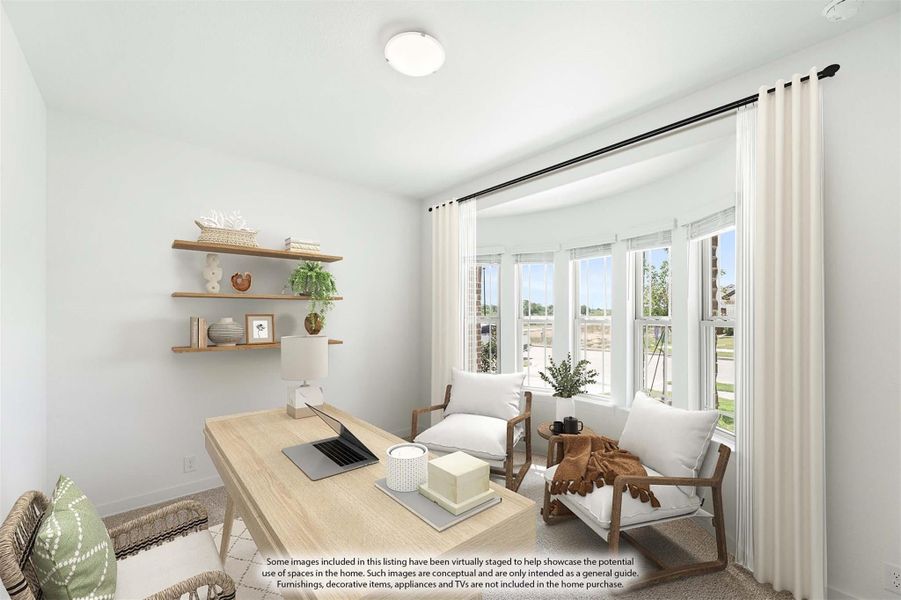 Home office with wood desk, floating shelves, and large windows with white curtains