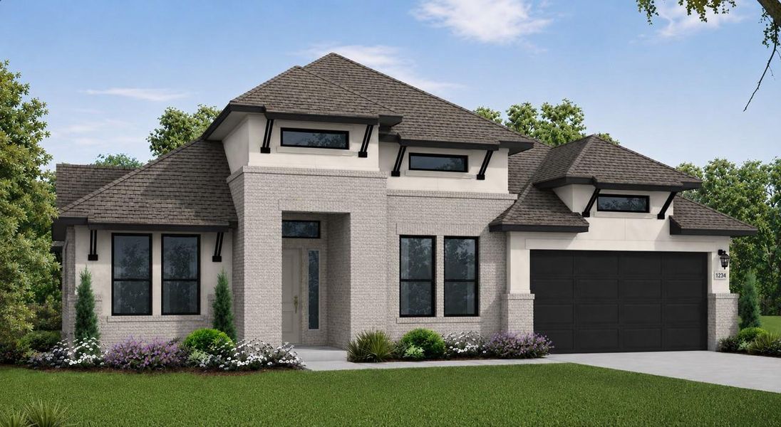 Front exterior of a new home in The Highlands, Porter, TX, highlighting curb appeal (Image 1). Front exterior of a new home in The Highlands, Porter, TX, highlighting curb appeal (Image 1).