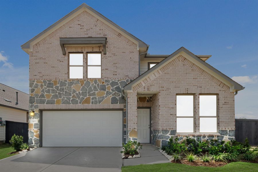 Front exterior of a new home in Cedar Pointe 50ft, Crosby, TX, highlighting curb appeal (Image 2). Front exterior of a new home in Cedar Pointe 50ft, Crosby, TX, highlighting curb appeal (Image 2).