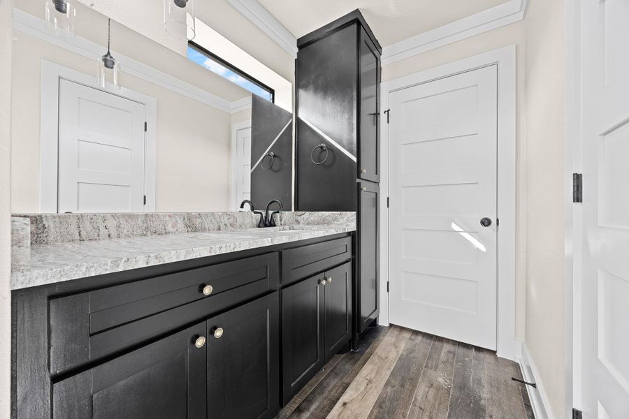Bathroom with crown molding, vanity, and dark wood-type flooring Bathroom with crown molding, vanity, and dark wood-type flooring