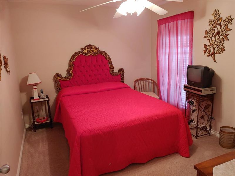 Carpeted room featuring a ceiling fan with integrated lighting, a window with blinds, and neutral-toned walls