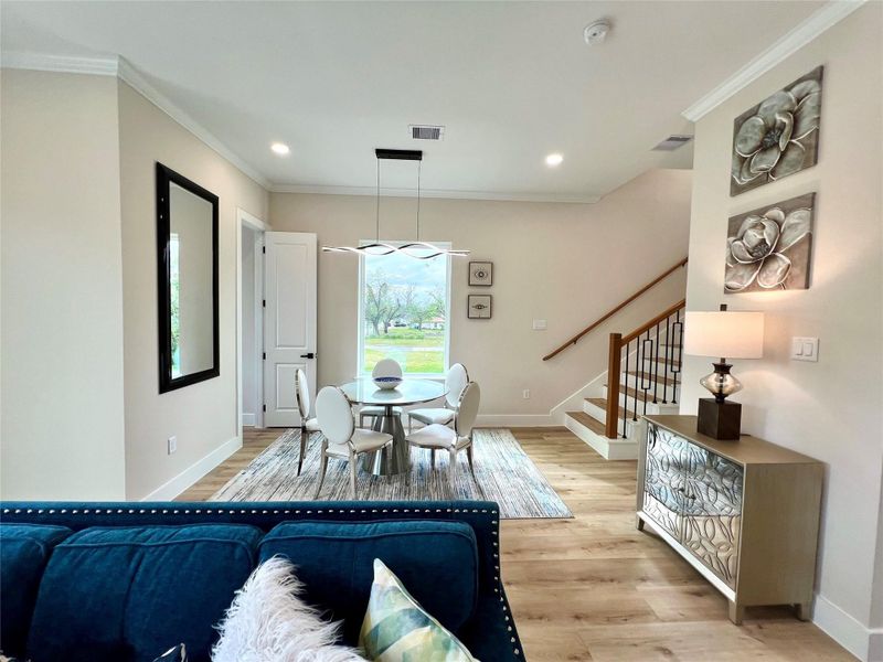 staged photos are from 3229. 3231 is not staged and is ready to move in.