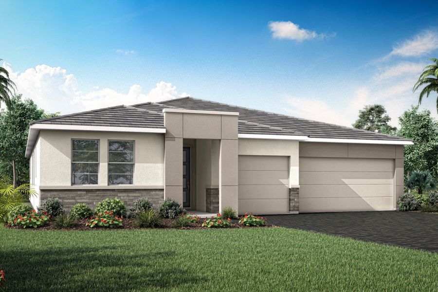 Representative exterior photo of a completed home built from the Mesa Verde by Mattamy Homes in Sunstone Lakeside at Wellen Park, Venice, FL (Image 4). Representative exterior photo of a completed home built from the Mesa Verde by Mattamy Homes in Sunstone Lakeside at Wellen Park, Venice, FL (Image 4).