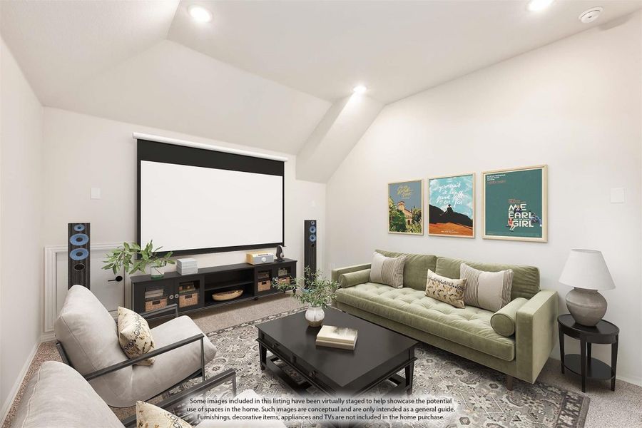 Media room with vaulted ceiling, large projection screen, sofa seating, and framed wall art Media room with vaulted ceiling, large projection screen, sofa seating, and framed wall art