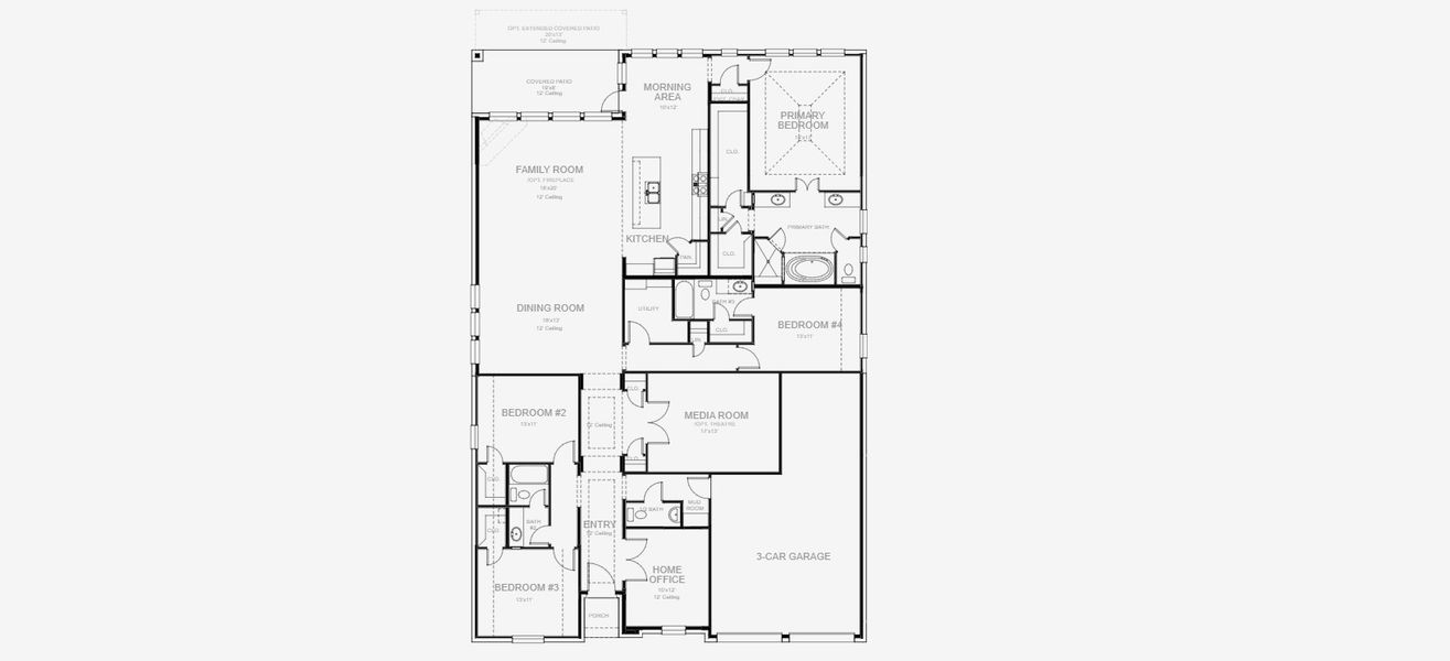 2D floor plan layout for the 2944W by Perry Homes in Lakes of Cane Island, Katy, TX (Image 5). 2D floor plan layout for the 2944W by Perry Homes in Lakes of Cane Island, Katy, TX (Image 5).