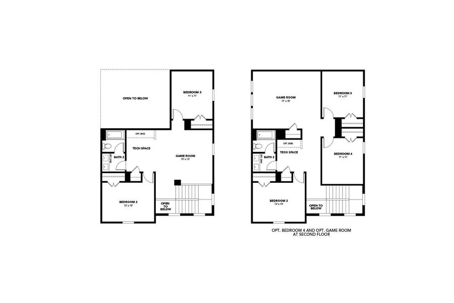 Explore flexible living spaces with two distinct second-floor layouts, offering versatile bedroom and game room configurations.