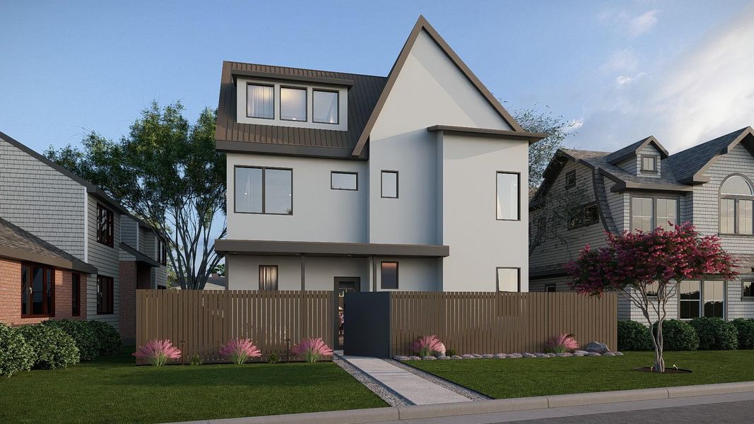 View of front of house with a fenced front yard, stucco siding, and a gate View of front of house with a fenced front yard, stucco siding, and a gate