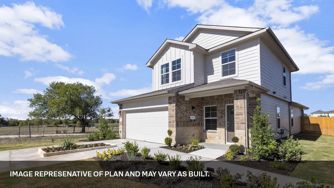 Front exterior of a new home in Southgrove, Kyle, TX, highlighting curb appeal (Image 22).