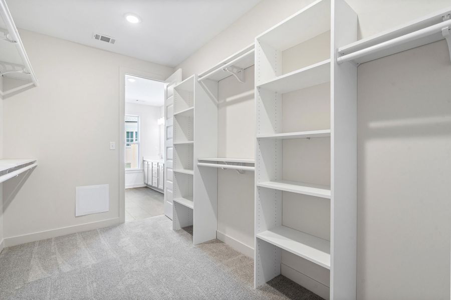 Walk in closet with light colored carpet